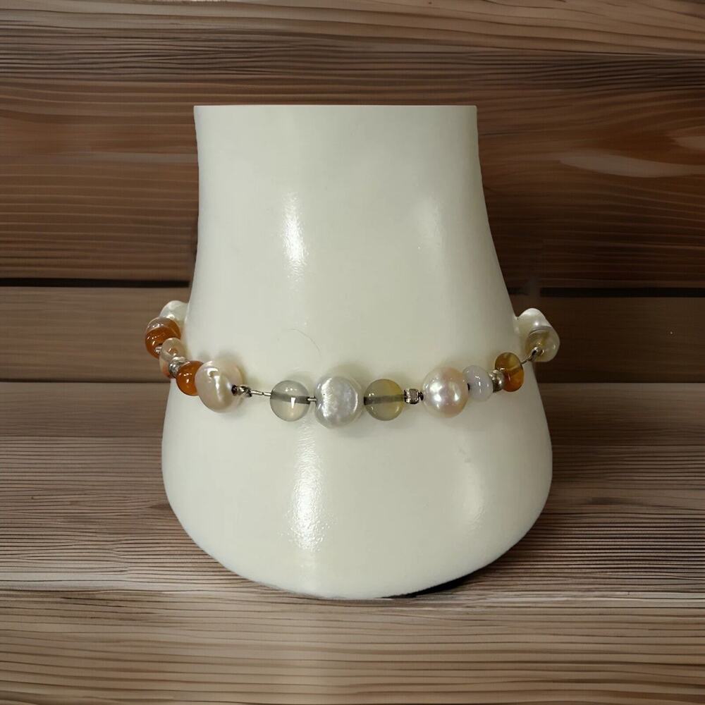 Cute Bead and Pearl Bracelet Marked YAM 925. Measures 8"